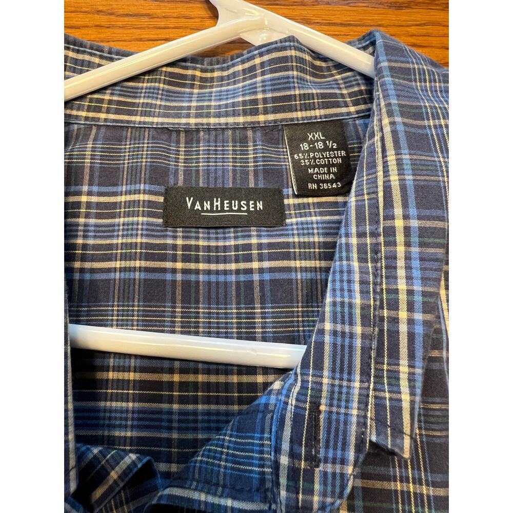Van Heusen blue short sleeve plaid button down casual shirt, men's XXL 18-18 1/2
